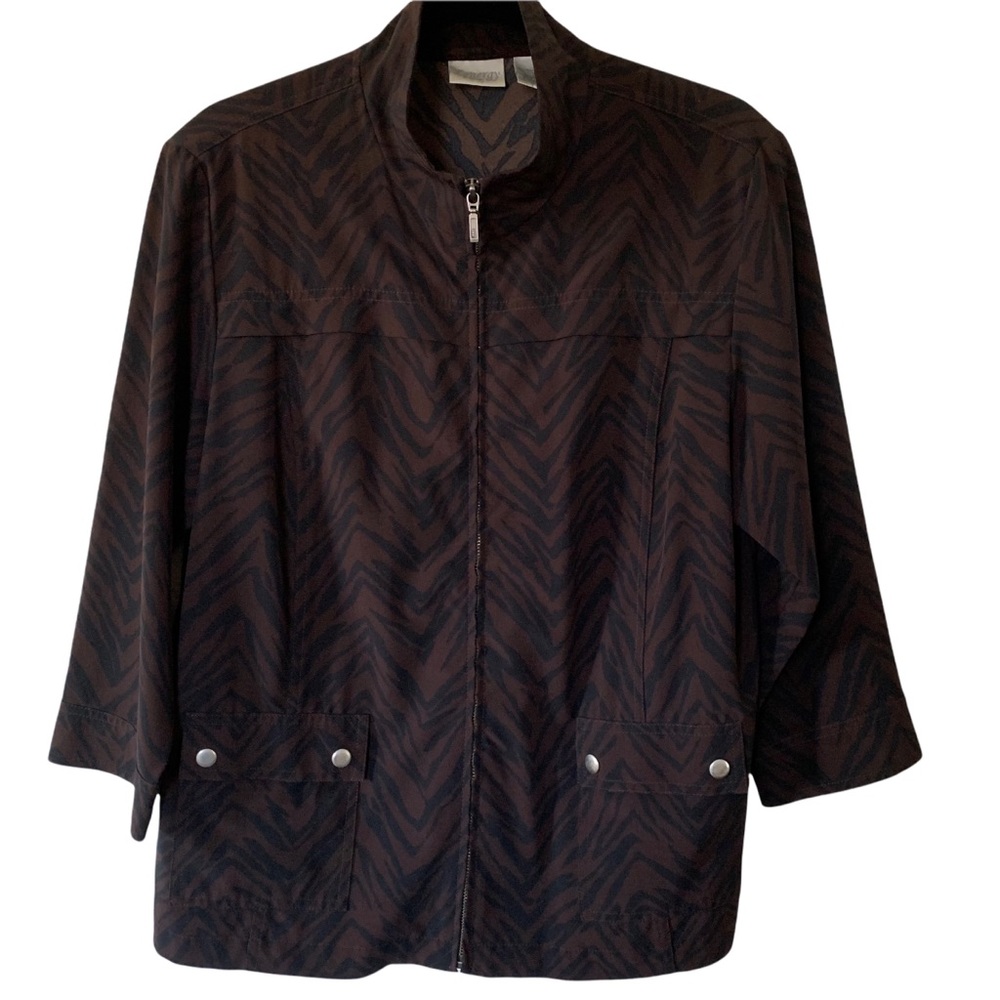 Chico’s Animal Print Brown and Black Zip Front Casual Blazer Size Large - Picture 13 of 13